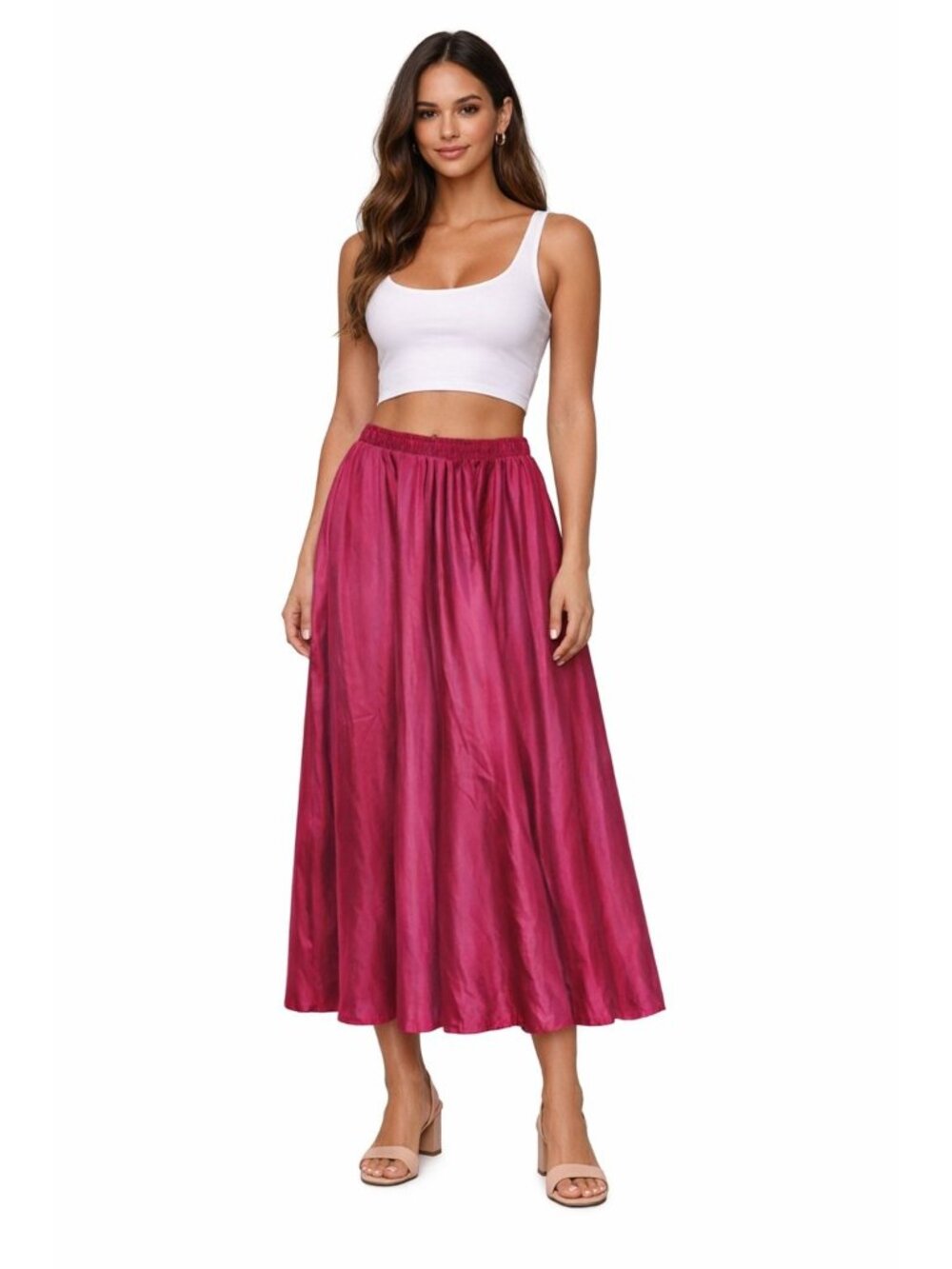 Womens Burgundy Maxi Skirt One Size High Rise A Line Flowy Pull On Casual Style